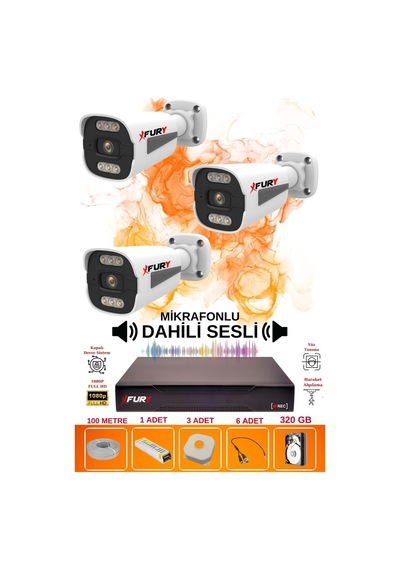 Fury 3 Lü Sesli 6 Warm Led Gece Renkli Görüş Su Geçirmez Güvenlik Kamerası Seti 320gb