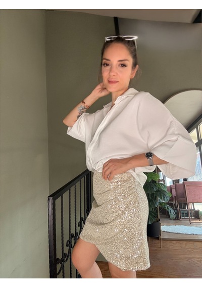 Ali Butik Krem Pul Payet Anvelop Mini Etek