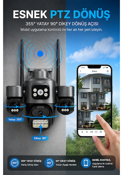 Viva Ics-331 3 Kameralı Akıllı Dış Mekan Ptz Wifi Güvenlik Kamerası 3mp Icsee Aı İnsan Takip Çift Yönlü Ses