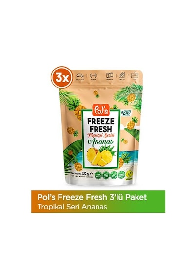 Pol's Freeze Fresh Ananas 20 G X 3 Adet Freeze Dry Dondurularak Kurutulmuş Meyve 20 G