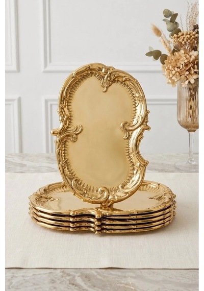 6'lı Bulut Gold İşlemeli Vintage Tepsi,şık Servis Tabağı-sunum Tepsisi Sunumluk 31 Cm Altın