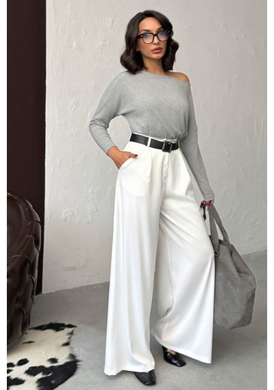 Ckm Moda Lune Yüksek Bel Bol Paça Saten Pantolon Krem