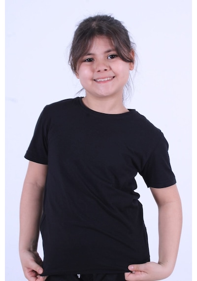 Fyk Kids Baskısız, Düz Bisiklet Yaka Kız Çocuk Tişört Siyah