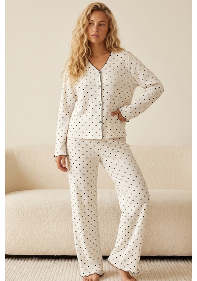 Siyah İnci Yumuşak Tuşe Kışlık Fitilli Pamuklu Örme Düğmeli Hırka Pijama Takım 8073 Siyah Kalp