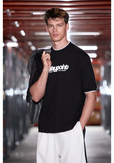 Grımelange Rough Erkek %100 Organik Pamuklu Kontrast Biyeli Baskı Detaylı Regular Fit Siyah T-shirt