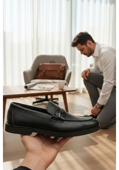 Enoch Hakiki Deri Siyah Dokulu Bağcıksız Erkek Klasik Loafer Siyah