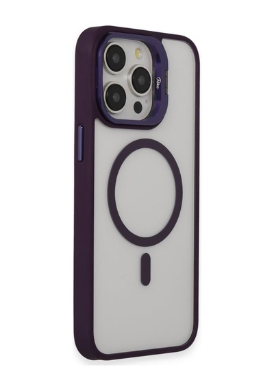 Apple iPhone 15 Pro Uyumlu Kılıf Ve Lens Magsafe Standlı Kamera Camlı Kapak Mor