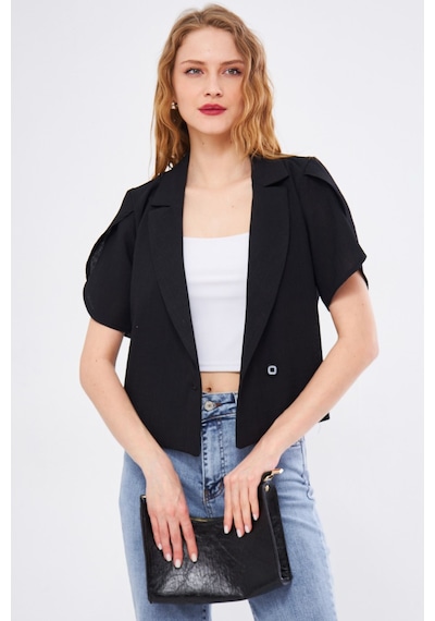 Armonika Kadın Siyah İkosiokto Ceket Kolu Yırtmaç Detaylı Crop Kısa Kollu Arm-24y001048