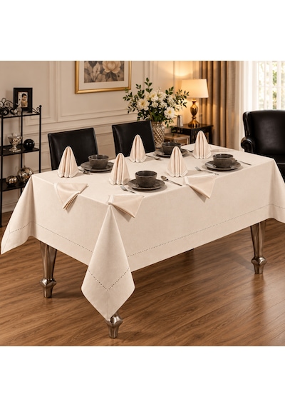 King Cotton Tabe Excluseıve Masa Örtüsü Seti 9 Parça 160x220 Açık Bej