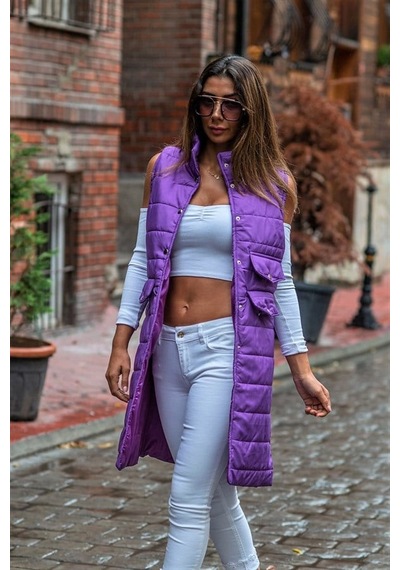 Veraura Lifestyle Koyu Mor Dik Yaka Cep Detaylı Uzun Şişme Yelek Lila
