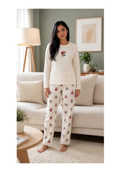 Pemilo Kadın 8811-5 Berlin Uzun Kol Sıfır Yaka Pijama Takım Beyaz