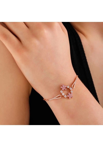 Gümüş Rose Pembe Çiçek Kadın Bileklik Çok Renkli