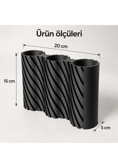 Çizgili Modern Tasarım Üç Bölmeli Dekoratif Vazo - Çiçeklik Siyah