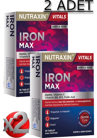2 Adet Nutraxin Iron Max 30 Adet Tablet - Demir, Vitamin C, B6, Folik Asit, B12