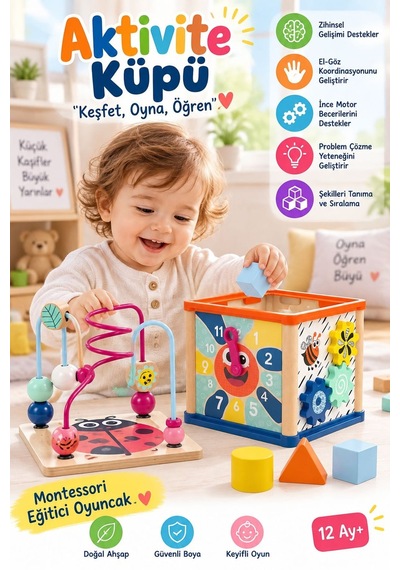 Topbright Ahşap Aktivite Küpü 5 İ 1 Arada Montessori Eğitici Oyuncak 12 Ay+