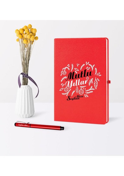 Kişiye Özel Yılbaşı Mutlu Yıllar Temalı Kırmızı Defter Kalem Seti - 4