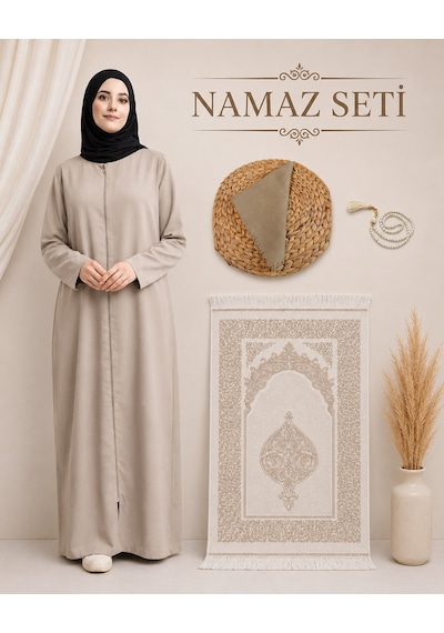Bilenler Kadın Namaz Seti Fermuarlı Viskon Namaz Elbisesi Örtü İnci Tesbih Seccade M1001 Bej