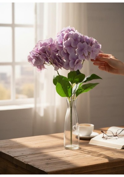 Yapay Çiçek Islak Ortanca Çiçeği Lila 45cm 5dal Islak Gerçeksi Dokulu Lila