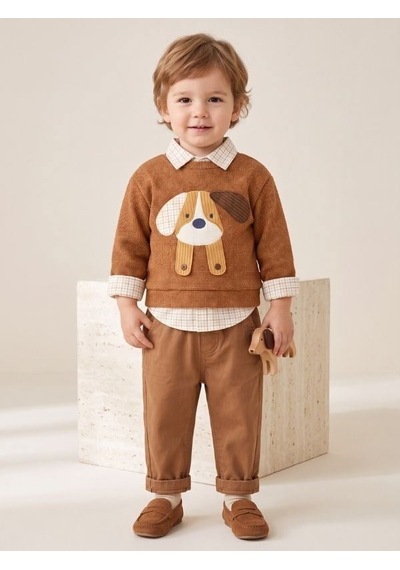 Zekids Erkek Bebek Köpek Aplikeli Kazak Gömlek Ve Pantolon Takım-17437 Kahverengi