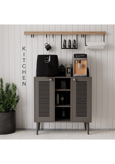 Kahve Kiler-kahve Köşesi %100 Mdf Lake Ahşap Ayak Çok Amaçlı Dolap Gri