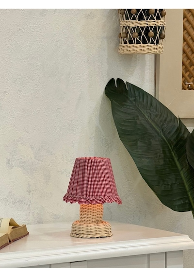 Kırmızı Pötikare Desen Kumaş Rattan Ayaklı Kablosuz Gece Masa Lambası
