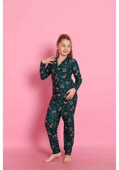 Beka Kids Yılbaşı Desenli Uzun Kollu Önden Düğmeli Gömlek Yaka Kız Çocuk Pijama Takımı Yeşil