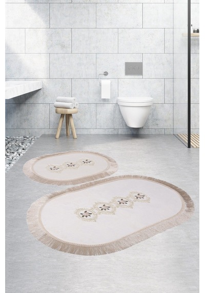 Shems Oval Krem 2'li Dantelli Ve Saçaklı Banyo Halısı Paspası Set Krem