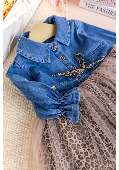 Babymod Denim Leopar Desenli Şık Özel Gün Kız Bebek Elbise Bej