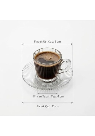 Tr 6'li Cam Kahve Fincanı Seti Çizgili Desenli Şeffaf Fincan Ve Tabak Takımı 8 Cm Espresso Türk Kahvesi Sunum Seti Genel