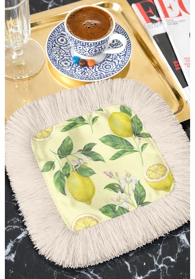 Limon Çiçek Bahçesi Saçaklı Sunum Peçetesi - Pastel Yaz Ferahlığı Akdeniz Sarı Bardak Altlığı Mendil Çok Renkli