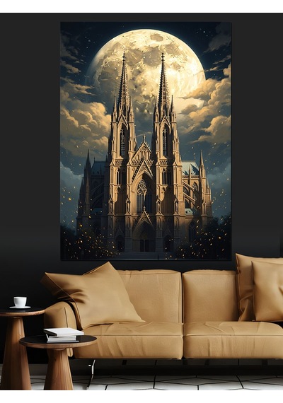 Gece Işıkları Altında Gotik Katedral Dekoratif Kanvas - Mdf Ahşap Tablo
