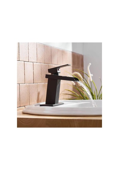 Rena Design Lavabo Bataryasi Mat Siyah Şelale Kare Gövde Eğimli Havza Banyo Armatür Çift Giriş Lüks Ergonamik