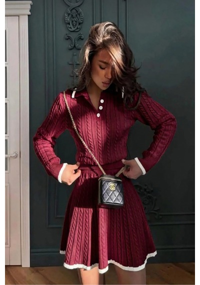 Sayzen Your Shine Polo Yaka Saç Örgülü Kazak-etek Triko Takım Sy-25100 Bordo