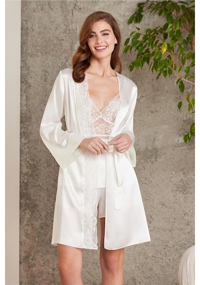 Pierre Cardin 7015 Kadın Dantelli Saten 4'lü Set-ekru