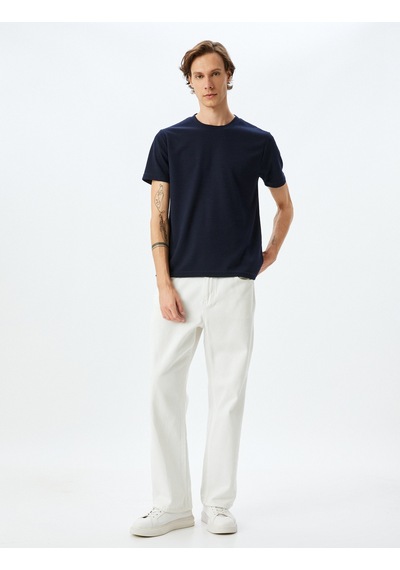 Koton Bisiklet Yaka Kısa Kollu Dokulu Slim Fit Tişört Lacivert 5sam10077hk Lacivert
