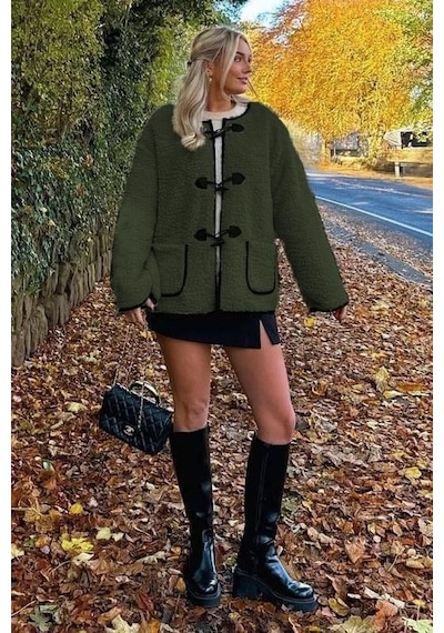 Madmext Haki Düğmeli Peluş Kadın Mont Mg2531 Haki