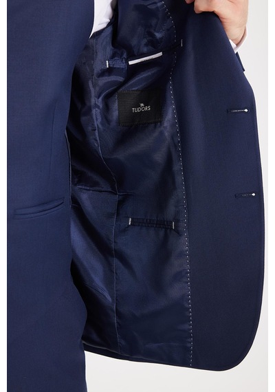 Tudors Erkek Slim Fit Lacivert Esnek Likralı Kumaş Sivri Yaka Yelekli Takım Elbise-33908 Lacivert