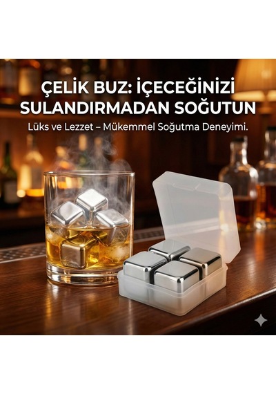 Gold Lüks Paslanmaz Hediye Seti 4'lü Viski Taşı Göz Alıcı Soğutucu Set Parti Aksesuarı Altın