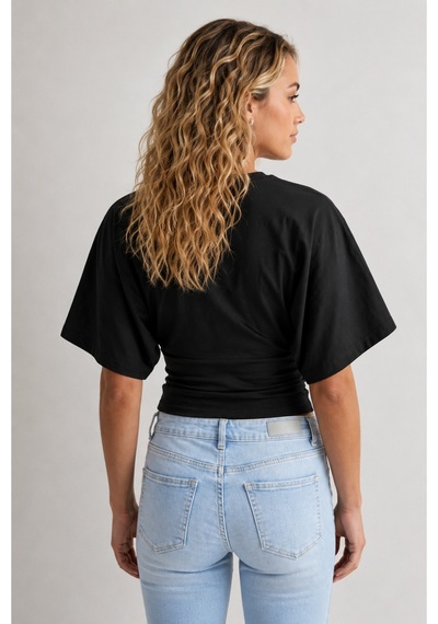 Overmax Bele Oturan Oversize Kollu Premium Crop Bluz Siyah - 880759104 Siyah