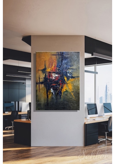Dikeytekli Kanvas Tablo Modern Ev Kafe Ofis Yağlı Boya Efekt Sarı Kırmızı Tonlarda Soyut 1988