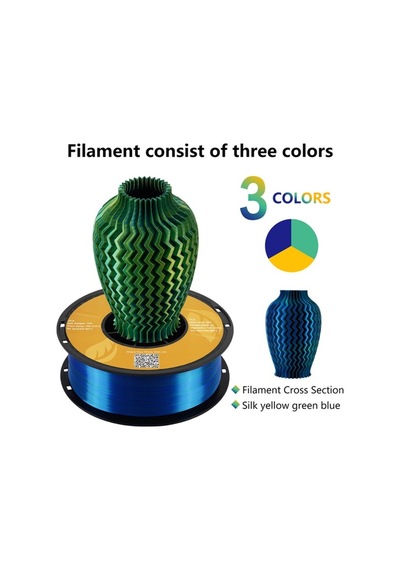 Üç Renkli Silk Pla Filament - Sarı Mavi Yeşil Canlı Parlak Renk Geçişi 1.75mm 1 Kg