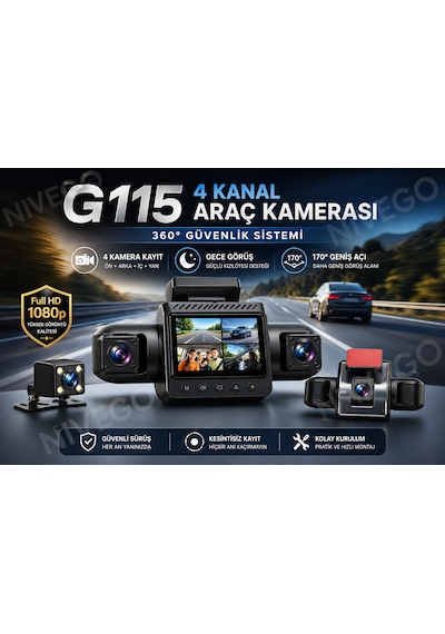 Nvg 4 Kameralı Araç Kamerası 360 Güvenlik Sistemi Ön Arka İç Kayıt Gece Görüş 170 Geniş Açı Full Hd 1080p Dash Cam