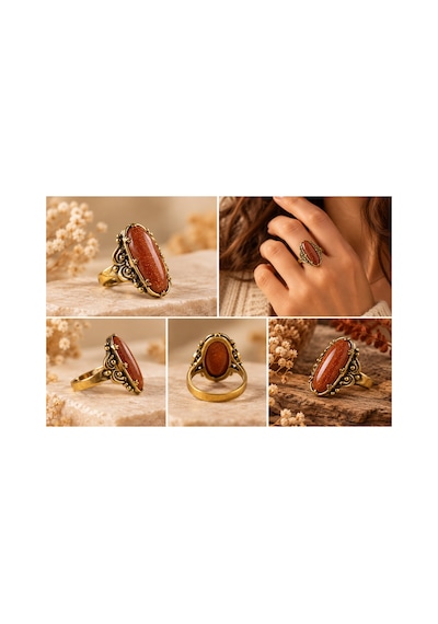 Esoo Jewelry Vintage Tasarım Simli Kahve Taşlı Ayarlanabilir Kadın Yüzük - Antik Gold Görünümlü Kahverengi Esoo Jewelry Vintage Tasarım Simli Kahve Taşlı Ayarlanabilir Kadın Yüzük - Antik Gold Görünümlü Kahverengi