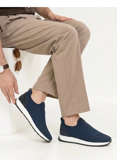 Cabani Erkek Lacivert Triko Hakiki Deri Yazlık Slip-on Ayakkabı