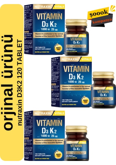 D3k2 120 Tablet 3'lü - 1000 Iu D3 Vitamini, 25 Mcg K2 Vitamini