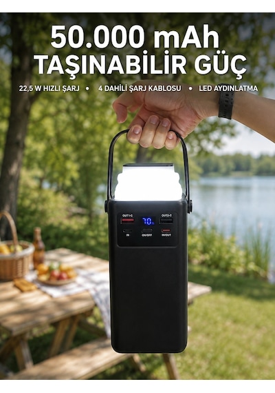 Led Aydınlatmalı Powerbank 50.000 Mah 22,5 W Hızlı Şarj 4 Dahili Kablolu Dijital Pil Göstergeli Bata