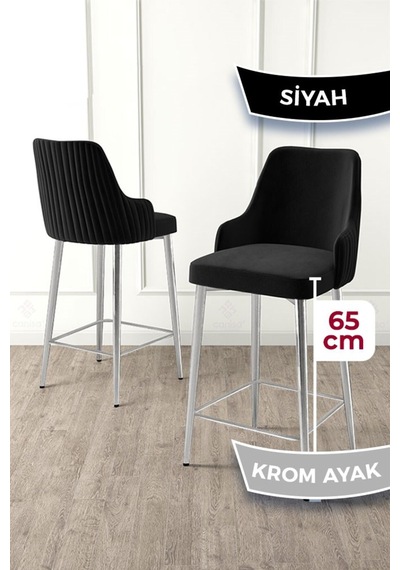 Canisa Tera Serisi 1 Adet Babyface Kumaş 65 Cm Krom Kaplama Ayaklı Siyah Bar Sandalyesi Siyah Sandalye Krom Kaplama Ayak