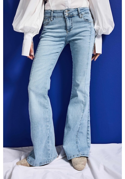 Itsbasic Kadın Ice 4s6-3 Swl Mid Rise Flare Fit Kemer Detaylı Esnek Kumaş Denim Jean Buz Mavi