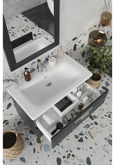 Erguvan Gümüş Kulp Antrasit 80 Cm %100 Mdf Lavabolu Banyo Dolabı Ayna Antrasit