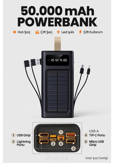 Solar 50.000 Mah Güneş Enerjili Led Işıklı Powerbank Şarj Aleti 2x Usb Çıkışlı Mikro Type-c Siyah